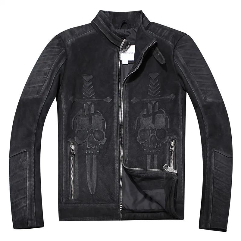 

2020 Vintage Black Men American Skulls Motorcycle Leather Jacket Plus Size XXXXL Genuine Thick Cowhide Spring Biker's Coat