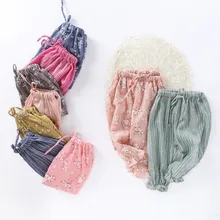 Летние хлопковые льняные штаны для девочек; одежда для малышей; брюки; штаны для девочек с принтом; повседневная детская одежда в полоску