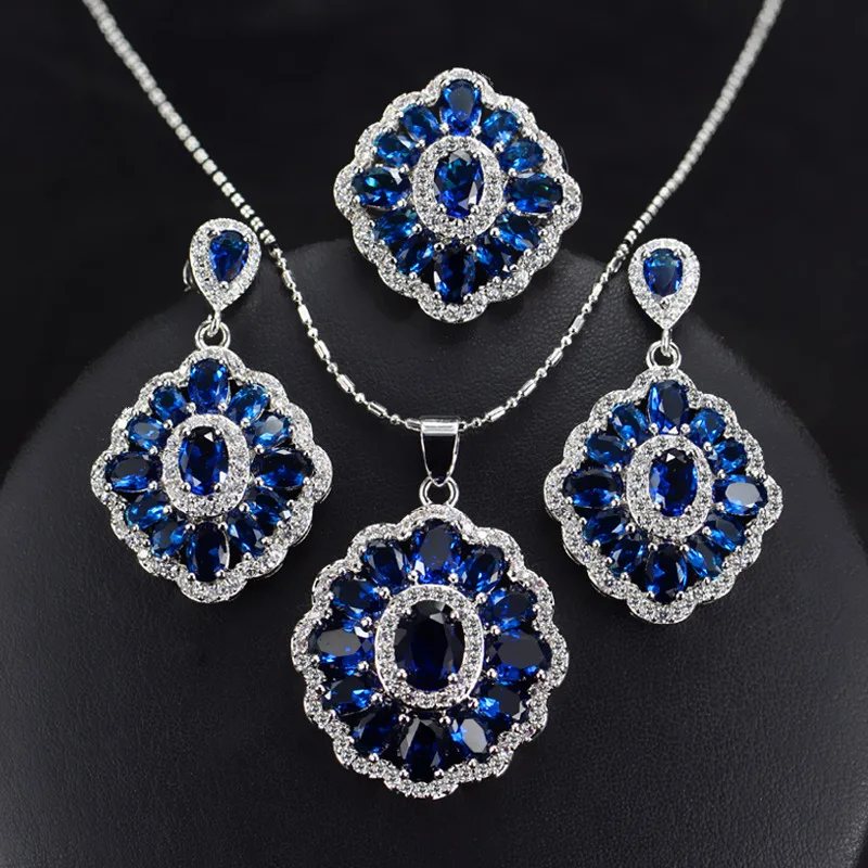 

Bilincolor Blue trendy cubic zirconia fashion party statement necklace and earring bridal jewerly set for women