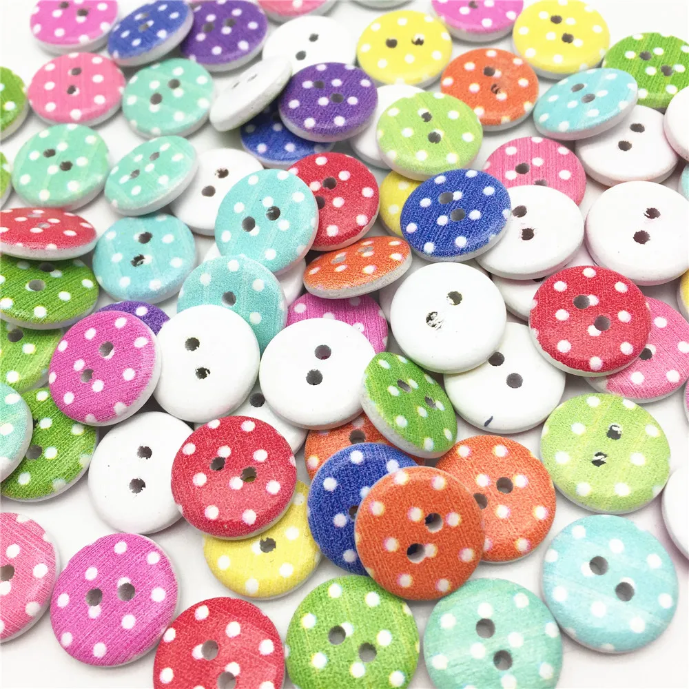 200pcs 15mm Wood Buttons Mixed Spotted Dots 2 Holes Round Sewing Button ...