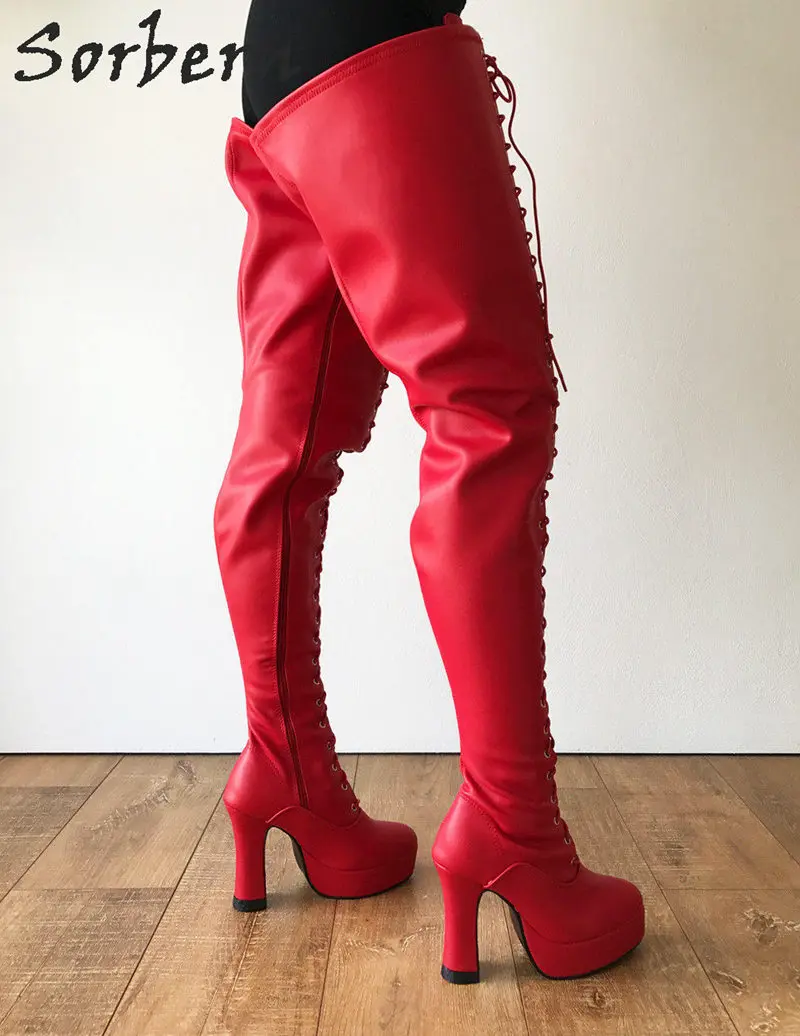 Sorbern/сапоги с квадратным каблуком 12 см; женские сапоги до бедра на платформе со шнуровкой и шаговым швом; готические сапоги для костюмированной вечеринки; цвет красный, матовый;