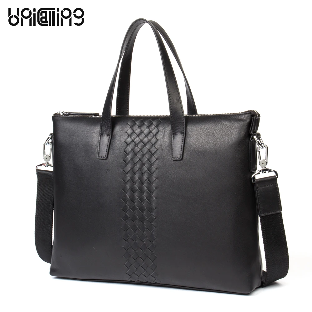

UniCalling men's leather briefcase fashion knitting ribbon pattern men laptop briefcase male genuine leather laptop handbag