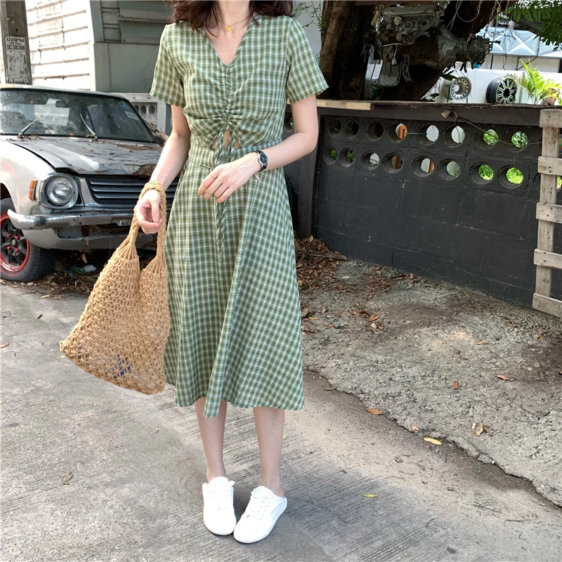 

Summer Vintage Casual Loose Plaid Dress Women's Lovely Dresses Chic Ins Kawaii Female Sweet Harajuku Punk Clothing For Women