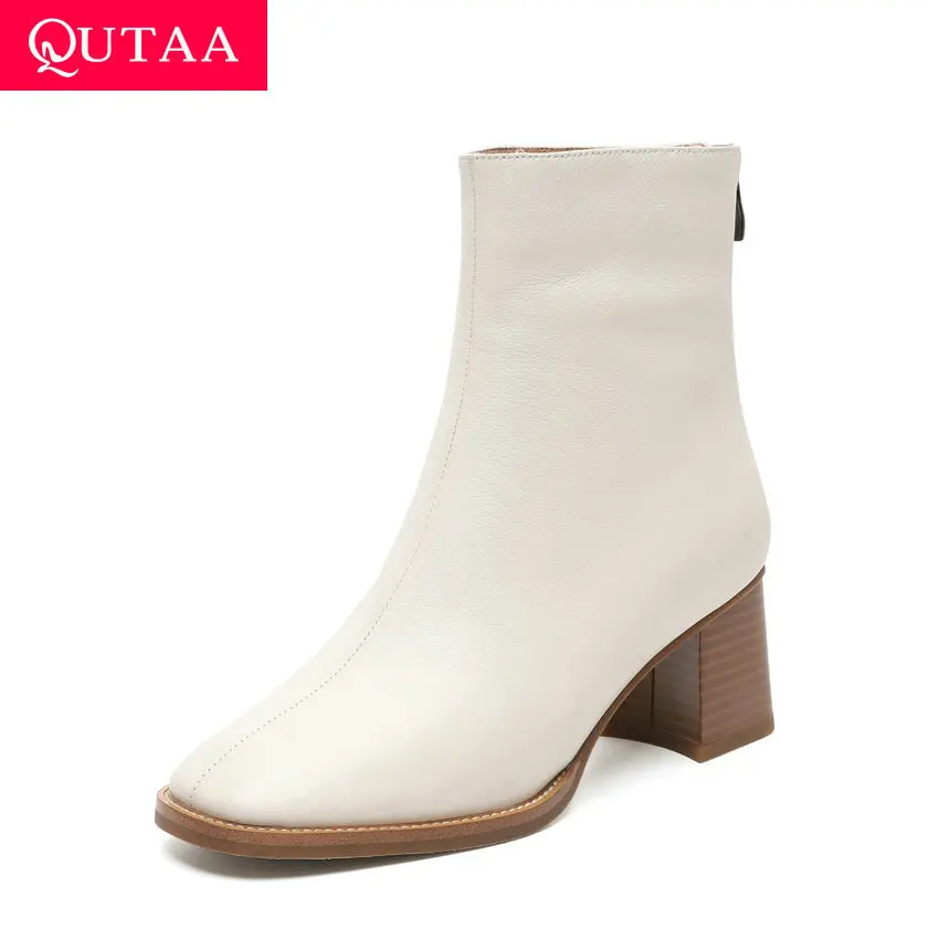 

QUTAA 2020 Autumn Winter Genuine Leather Comfort Concise Women Shoes Square Heel Zipper Retro Square Toe Ankle Boots Size 34-40