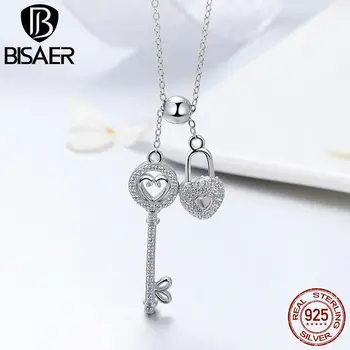 

BISAER 925 Sterling Silver Love Key of Lock Necklaces Pendant for Women Clear Cubic Zircon CZ Women Necklace Jewelry ECN290