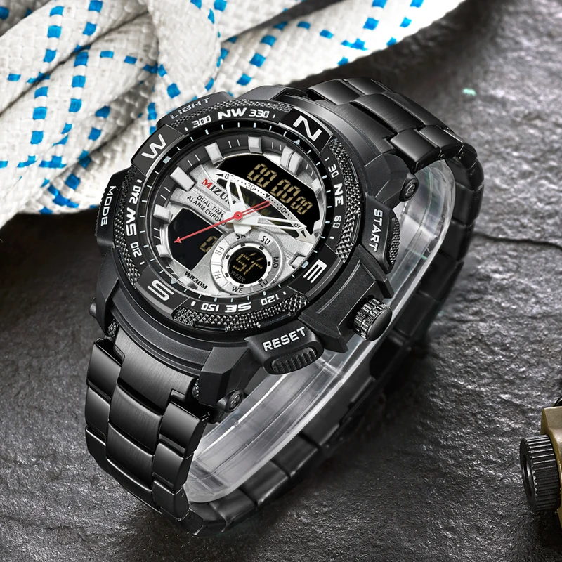 2019 cool big case golden steel band bracelet quartz watches for men led digtial sports watches mens wristwatches dual time zones military style clock man drop shipping (27)