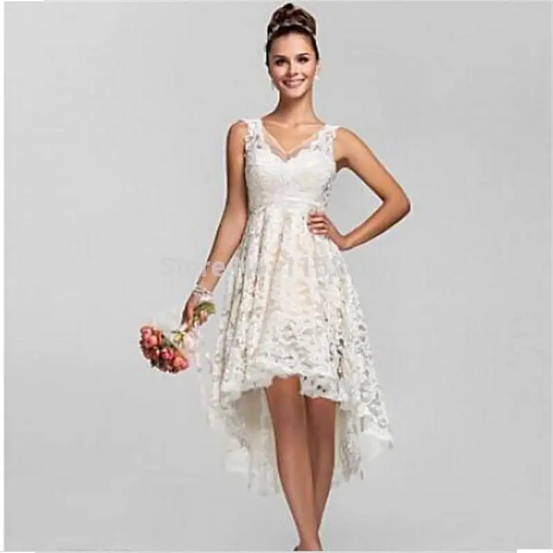 2016 Summer High Low Lace Beach Wedding Dresses Plus Size Sexy V