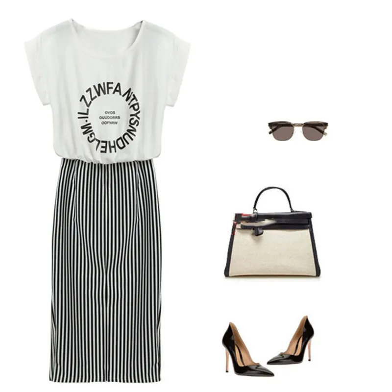 2019 Summer Women 2 in 1 One-piece Letter Print Striped Blouse Dress Midi Short Sleeve Bodycon Long Dress Plus Size 2019 Summer Women 2 in 1 One-piece Letter Print Striped Blouse Dress Midi Short Sleeve Bodycon Long Dress Plus Size