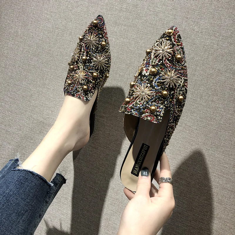 

2019 summer shoes woman pointed toe shallow mules shoes women slingback slip on ladies shoes women flats A00179