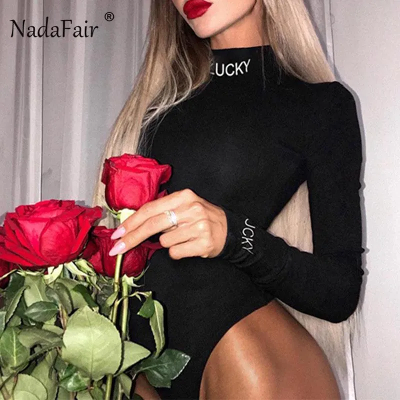Женский боди с высоким воротником Nadafair черный облегающий длинным рукавом Осень