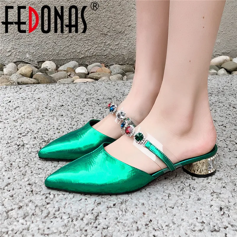 

FEDONAS Crystal Rivet Sexy Women Pumps Round Heels Pointed Toe Genuine Leather Summer Sandals Prom Dress Shoes Woman Sexy Pumps