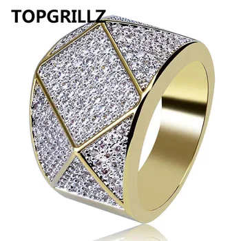

Men's Iced Out Cubic Zircon Geometric Ring Hip Hop Gold Color Plated Copper Material Hollow Rhinestone CZ Jewelry Rings Gifts