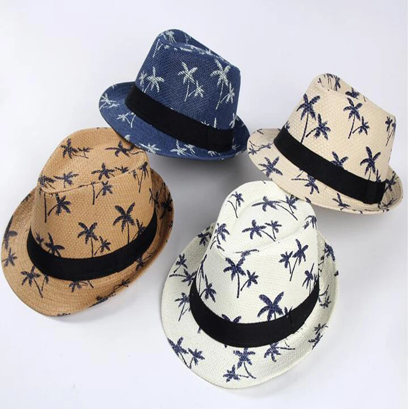 Unisex Summer Panama Straw Beach Caps Breathable Coconut Trees Print Vacation Sunshade Fedora Hat Short Brim Sports Sun Caps