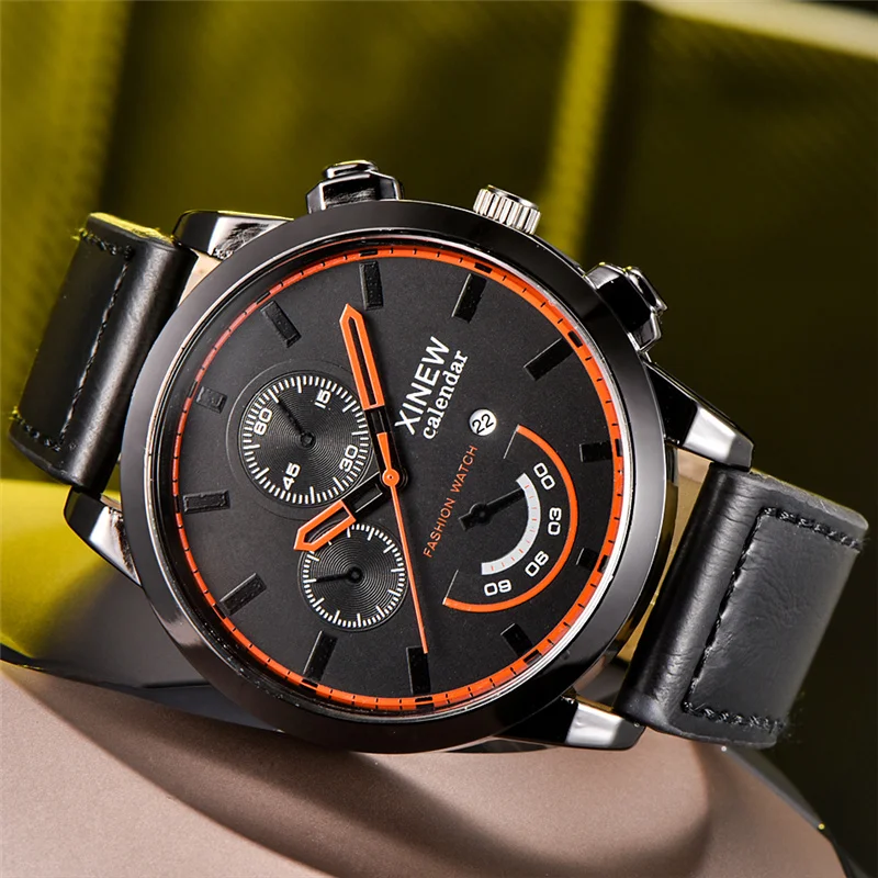 

New Arrive Fashion Watches Men Creative Decorated Dials Quartz Watch PU Leather Male Teenager Boy Big Wristwatch Relojes Hombre