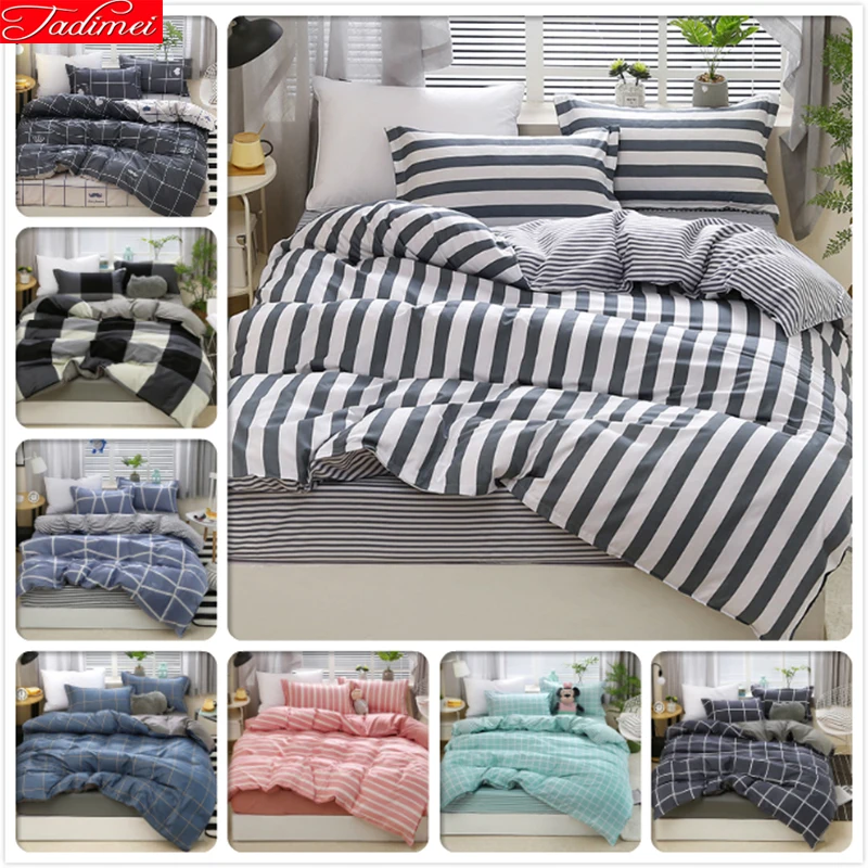 Grey White Stripe Duvet Cover 3 4 Pcs Bedding Set Adult Double Big