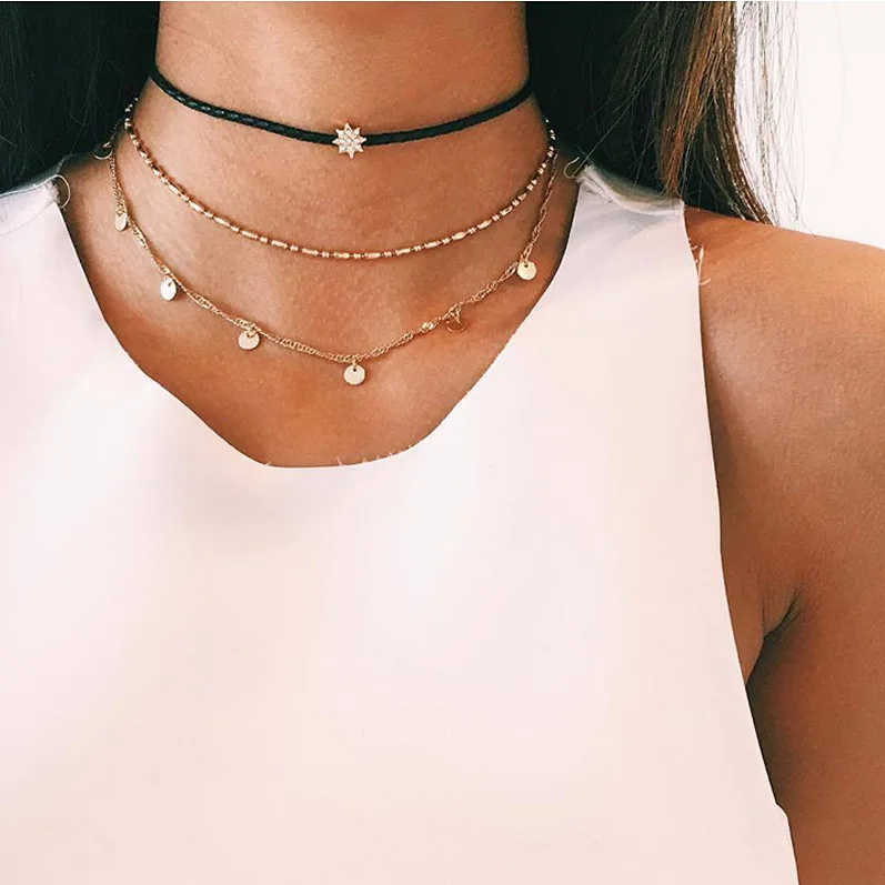 

Fashion 3 Layers Gold Collier Chain Choker Necklace For Women Boho Chocker Bohemian Multi Layer Dainty Colar Femelle Bijoux