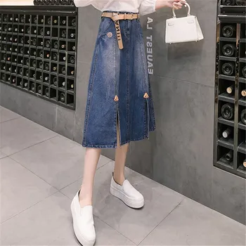 

Retro Denim Skirt Women A Line Mid Long High Waist Jeans Skirts Temperament Double Slit Faldas Mujer Moda 2019 With Belt XL5080