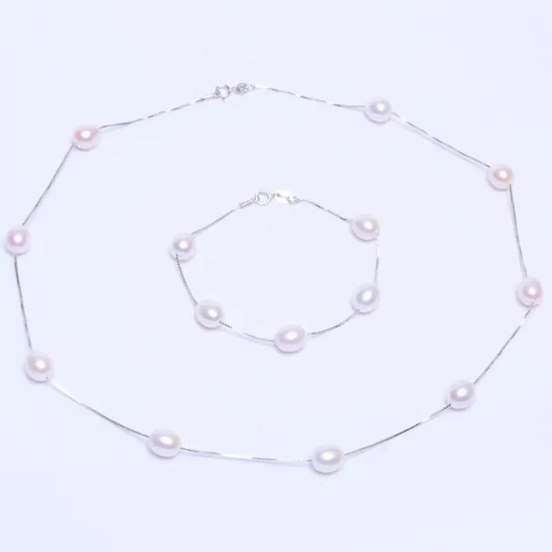 ASHIQI 925 пробы серебряные Ювелирные наборы натуральным пресноводным жемчугом цепочки и ожерелья Браслет для новинки женщи