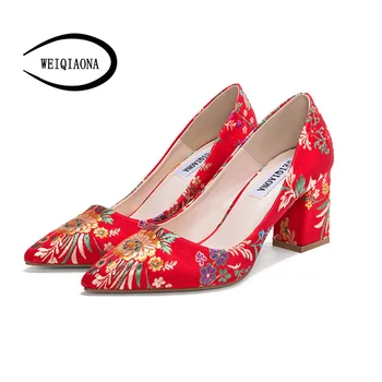 

WEIQIAONA 2018 Fashion Brand Design Women Shoes Elegant Embroidery Ladies Shoes 5cm 7cm High Heel Dress Shoes Wedding Shoes