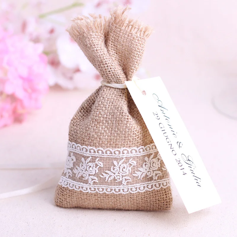 wholesale 50pcs/lot Mini Natural Hessian Burlap Bags White Lace Burlap