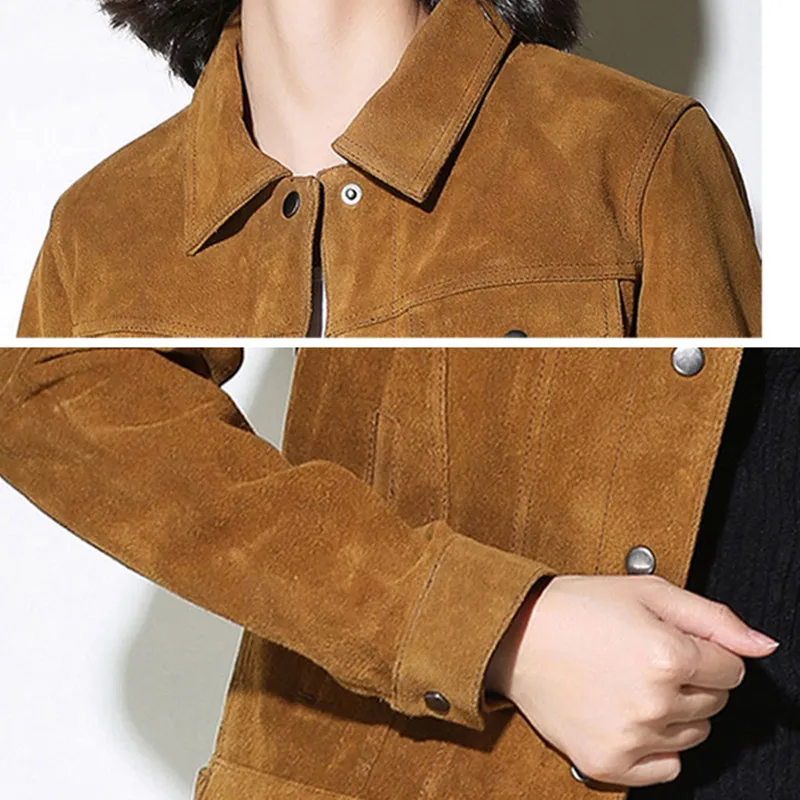 TEXIWAS натуральная кожа куртка Женская яловая Тонкая Повседневная Куртка верхняя кнопка мягкая замша настоящая кожа куртка-бомбер верхняя одежда