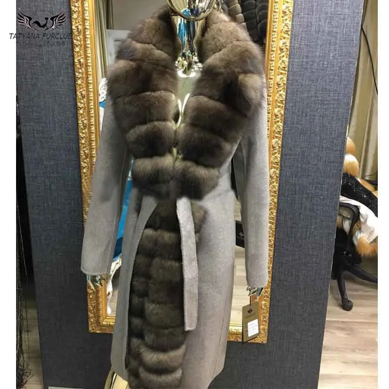 Tatyana Furclub, новинка, длинное пальто из натурального меха, Женская шерстяная куртка с воротником из лисьего меха, приталенная верхняя одежда, куртки размера плюс