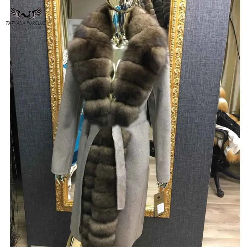 

Tatyana Furclub 2018 New Long Real Fur Coat Women Woolen Jacket With Fox Fur Collar Slim Bondage Waist Outwear Plus Size Parkas
