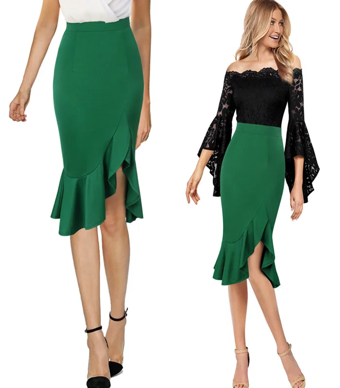 Vfemage Женская Асимметричная юбка с оборками и высокой талией, деловая, Коктейльная, вечерние, облегающая, стрейчевая, облегающая, облегающая, юбка-карандаш 2091