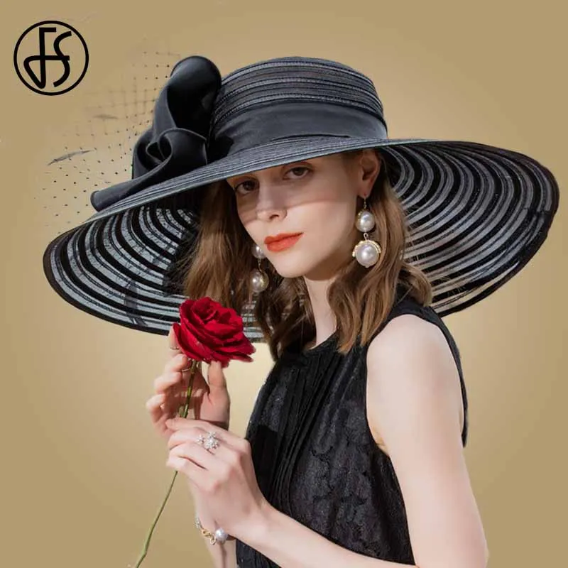 

FS Black Wide Brim Hats For Women Elegant Wedding Big White Fedora With Feather Kentucky Derby Hat Large Bow Ladies Church Hats