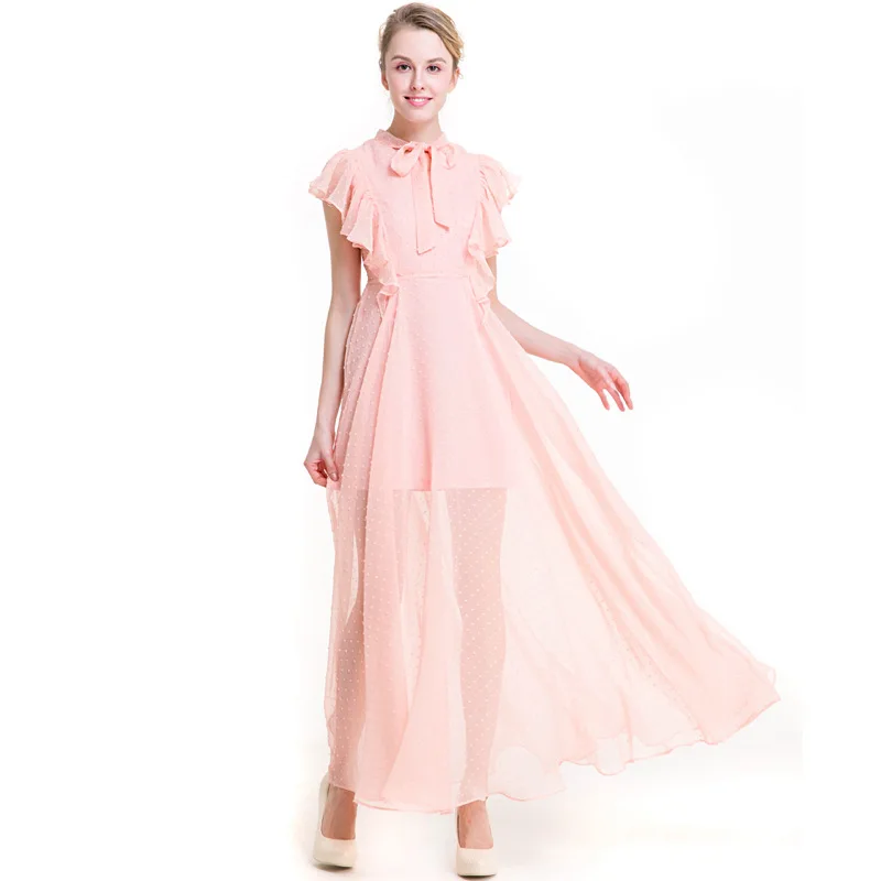 Летние Для женщин платье в горошек Ruffled Maxi розовый зеленый | Женская одежда