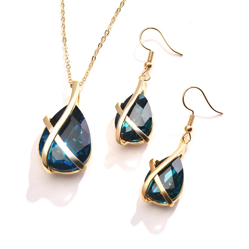 

ZHOUYANG Jewelry Sets For Women Waterdrop Blue Crystal Cross Yellow Gold Color Necklace Earrings For Party Fashion Jewelry KB381