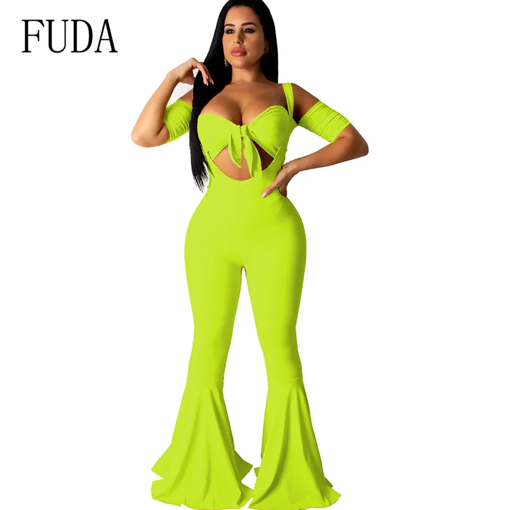

FUDA Sexy Two Pieces Sets Hollow Out Lace-up Jumpsuits Summer New Arrival Bodycon Trumpet Playsuits Lady Elegant Party Overalls
