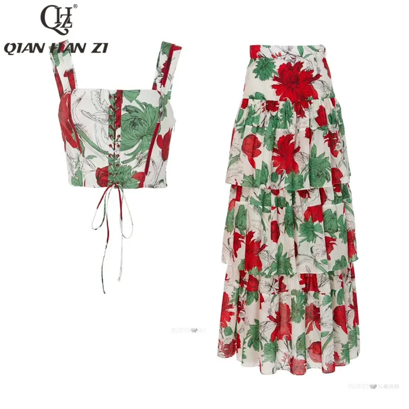 

Qian Han Zi Designer summer Fashion Suit sets Women's Spaghetti Strap Sexy tops+Print Vintage Ruffled Maxi skirt 2 Piece Set