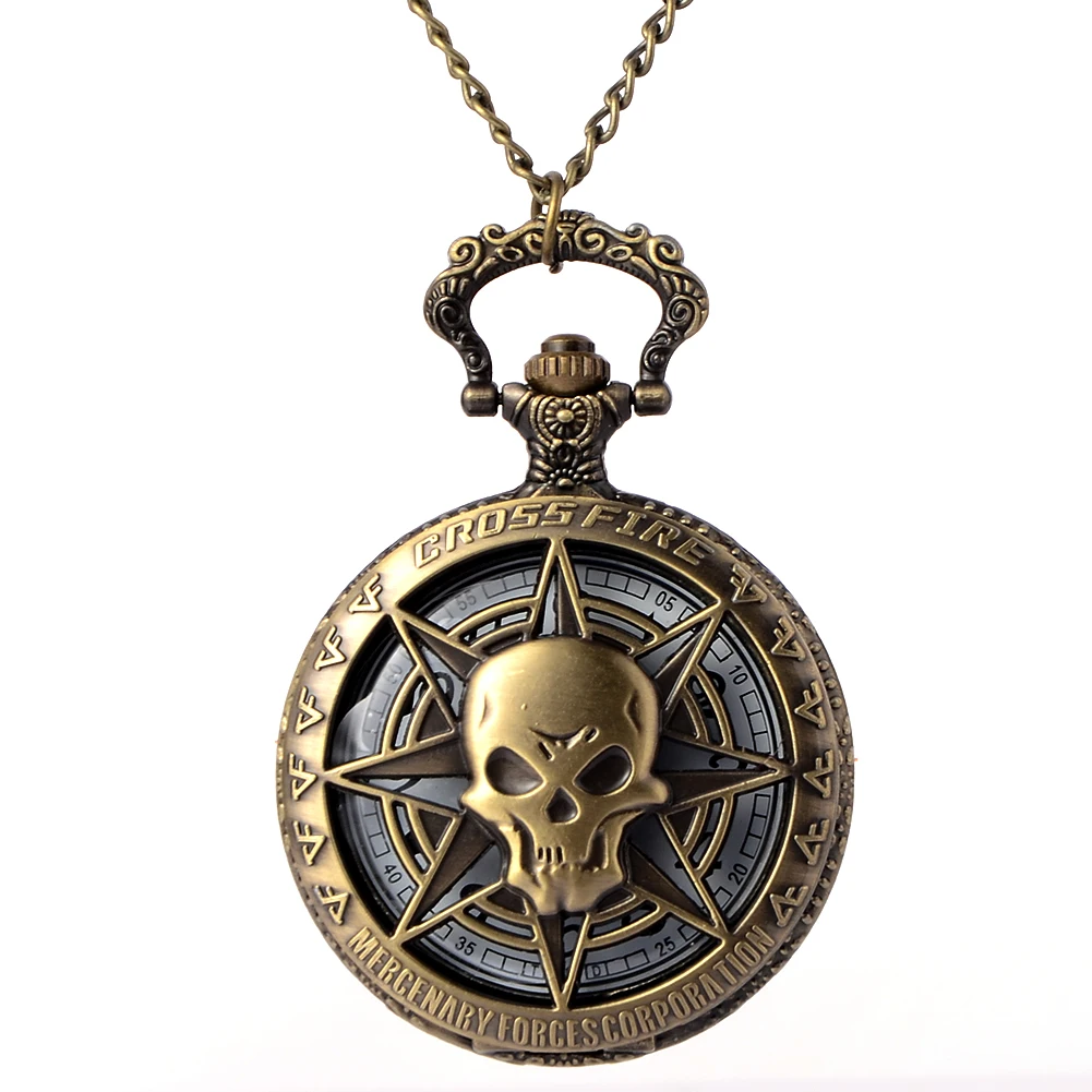

Vintage Bronze Steampunk Quartz Pocket Watch Hollow Carribean Pirate Skull Head Horror with Chain for Men Women Pendant necklace