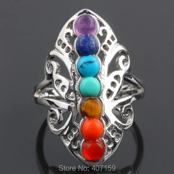 

New 7 Chakra Stone Beads Healing Metaphysic Gem stone Butterfly Open Adjustable Rings