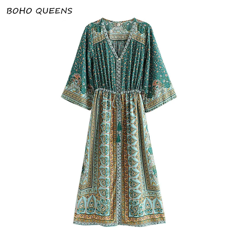 

Boho Chic Summer Boho Floral Print Buttons Maxi Dress Women V Neck Lace Up Tassel Beach Dresses Vestidos Mujer