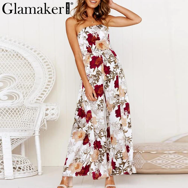 Glamaker Off shoulder floral print wide leg pant Sexy holiday backless bow split  jumpsuit romper Female spring elegant jumpsuit