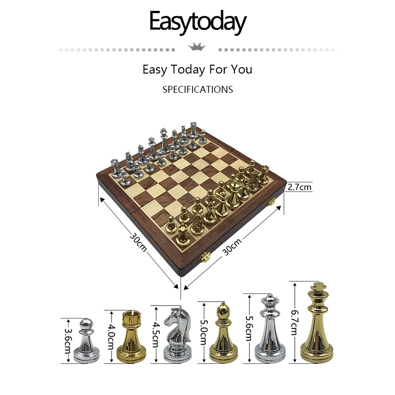 Easytoday Metal Glossy Golden And Silver Chess Pieces Solid Wooden Folding Chess Board High Grade Professional Games Set