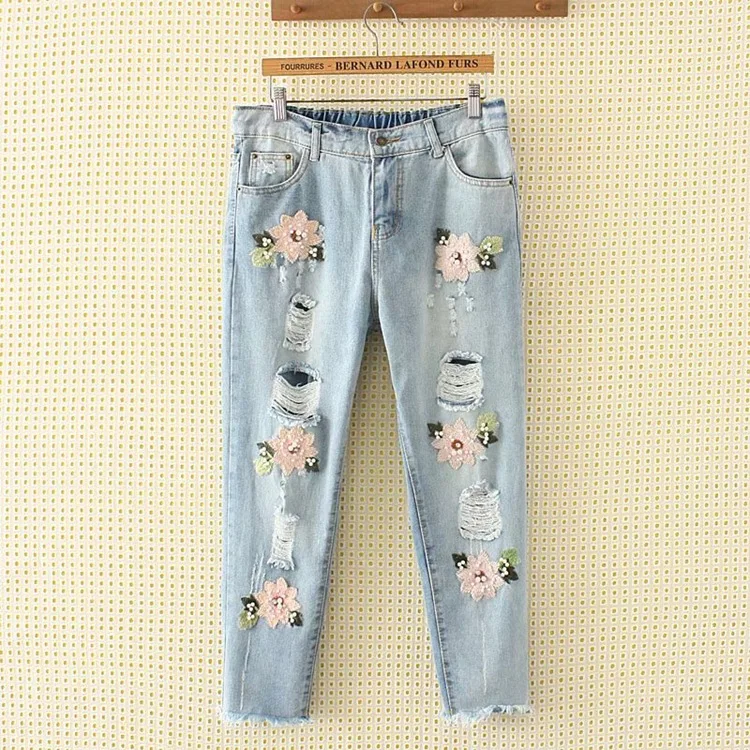 

S64 Spring Plus size Women clothing Ankle Length Jeans 5X Casual Embroidered Flares Ripped Holes Loose Denim Pants 8016