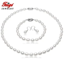 FEIGE 7-8 мм белый натуральный пресноводный жемчуг Ювелирный Набор 925 стерлингового серебра серьги для женщин свадебный прекрасный ювелирный набор