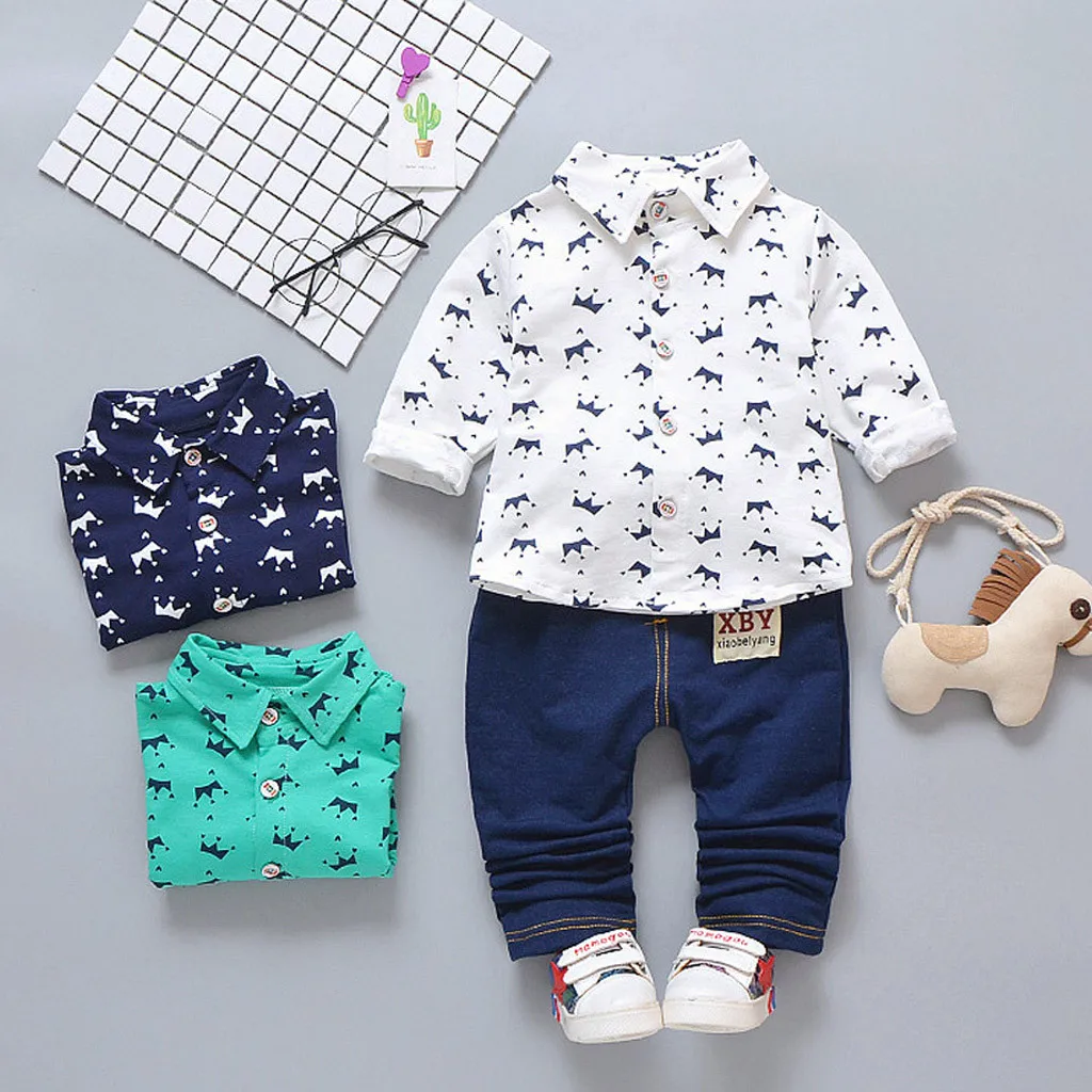 

Kids Boys Clothes 2019 Children Long Sleeve Crown Pattern Shirt Tops+ Denim Pants Sets Toddler Baby Boy Outfits 1 2 3 4 5 Years