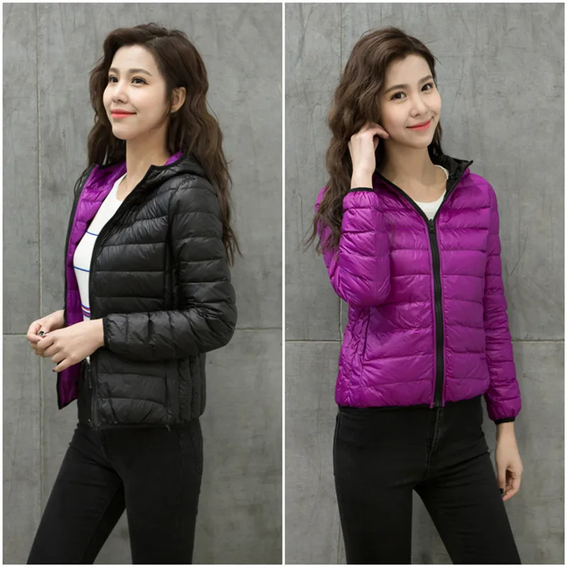 

2018 Winter Double Side Down Hooded Jackets Women Ultra Light Down Jacket Female Feather Jackets Lightweight Warm Coats 3XL 4XL