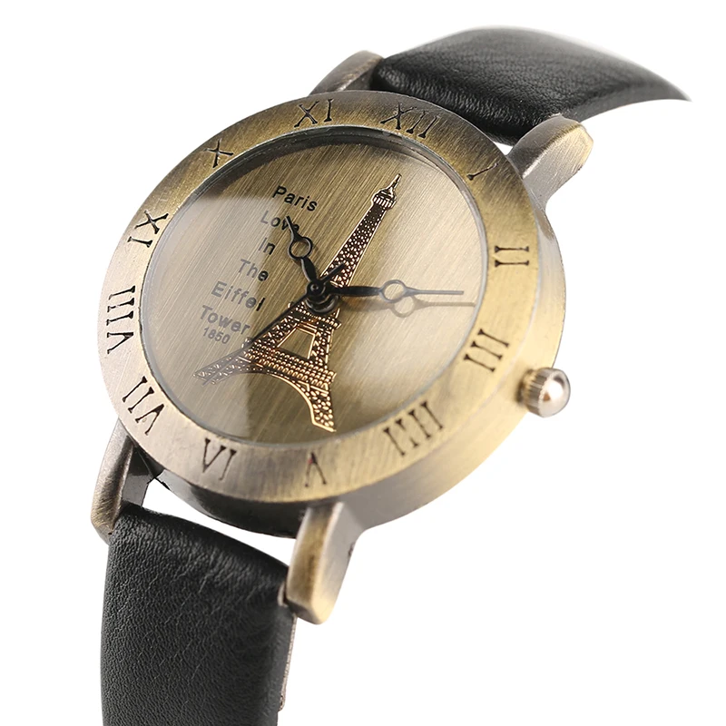 

Creative Women Watch Vintage Chic Style Ladies Paris Love in Eiffel Tower Quartz Wristwatch with Roman Numbers Leather Strap