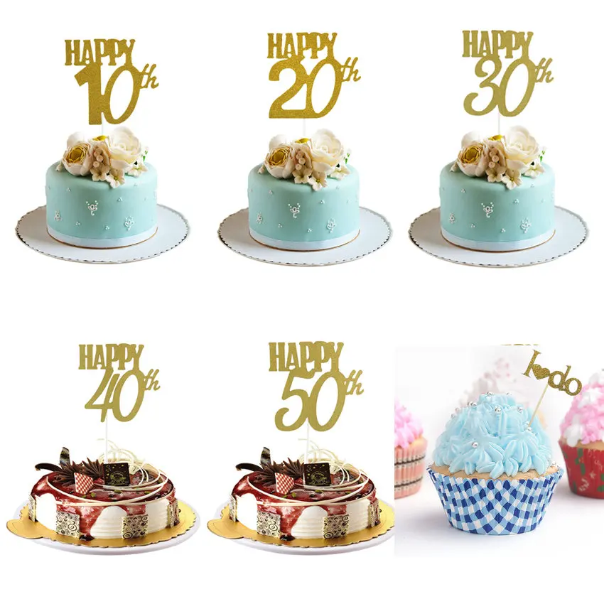

1pcs Happy Birthday18 20 30 60th anniversary Cupcake Topper Glitter Silhouette Cake Topper Wedding Party Cake Decoration supply