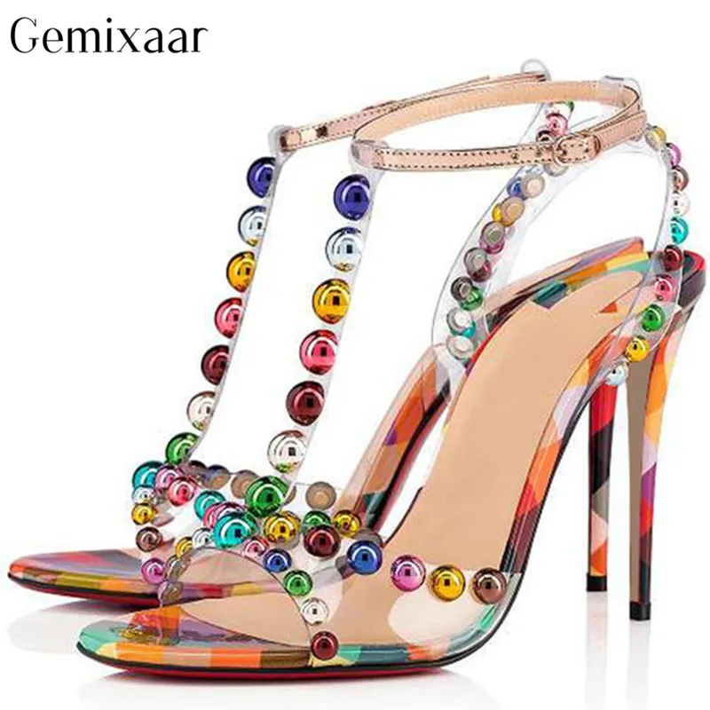 

Lovely Colorful Dot Rivet T-shape Narrow Band Women Shoes Open Toe High Stiletto Heels Sandalias Mujer Sweet Multy Color Sandals