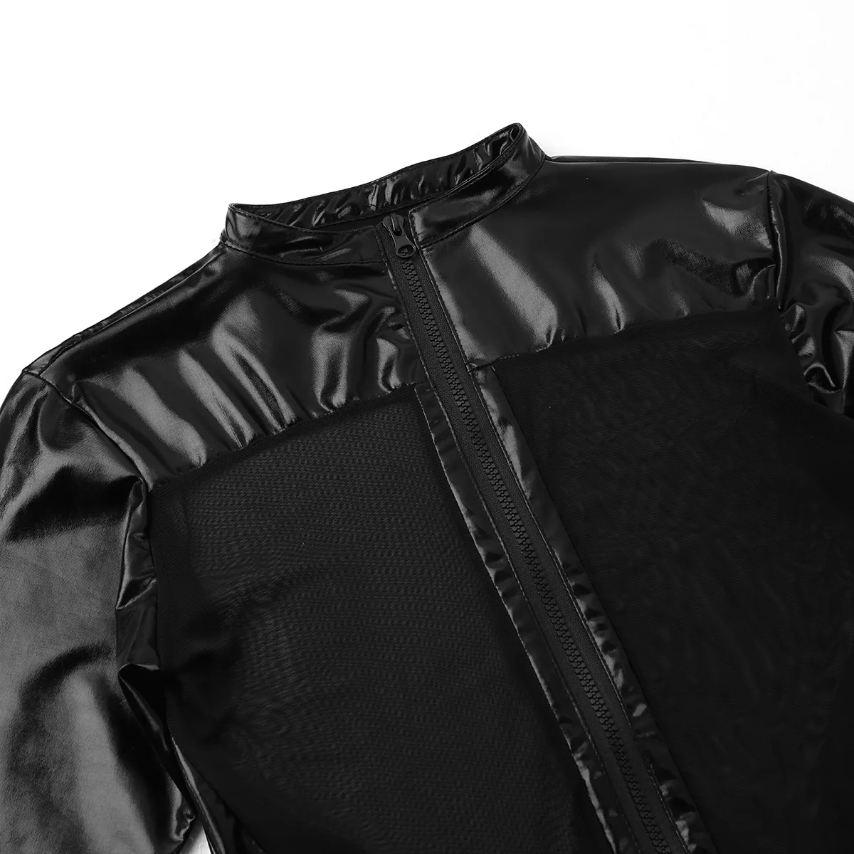 Unisex Mens Women Wet Look PVC Leather Long Sleeves Zipper Front Mesh Splice Full Body Bodysuit Leotard Sexy Costume Clothes