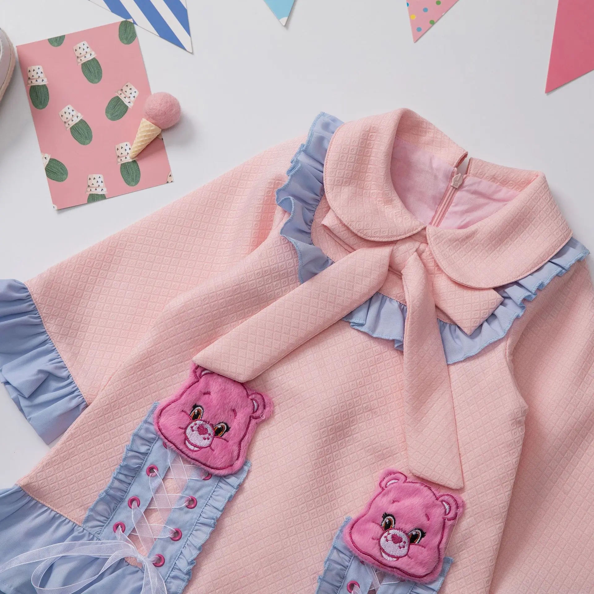 Girl dress Autumn back to school dress cartoon bear pink color princess dress