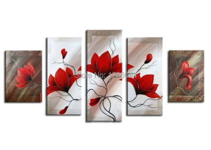 

100% Hand painted dream Waving red flowers Abstract landscape Wall home Decor Oil Painting on canvas 5pcs/set mixorde Framed