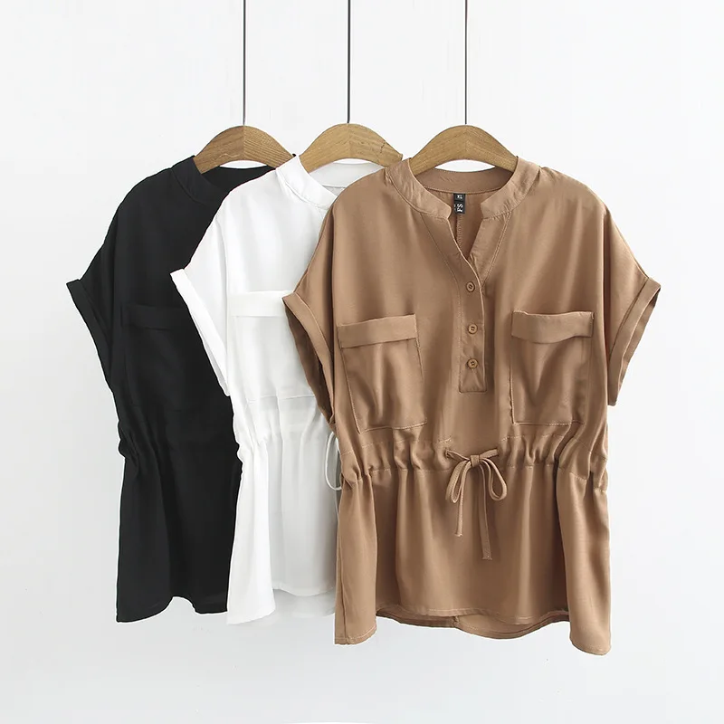 

Plus Size Casual Blouses 2019 Summer Women Clothing Fashion new solid color v-neck cotton and linen short sleeve Tops G1-A02