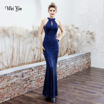 

wei yin 2020 Navy Blue New Halter Neck Elegant Long Sequins Prom Dress Hollow Out Party Evening Dress WY1789